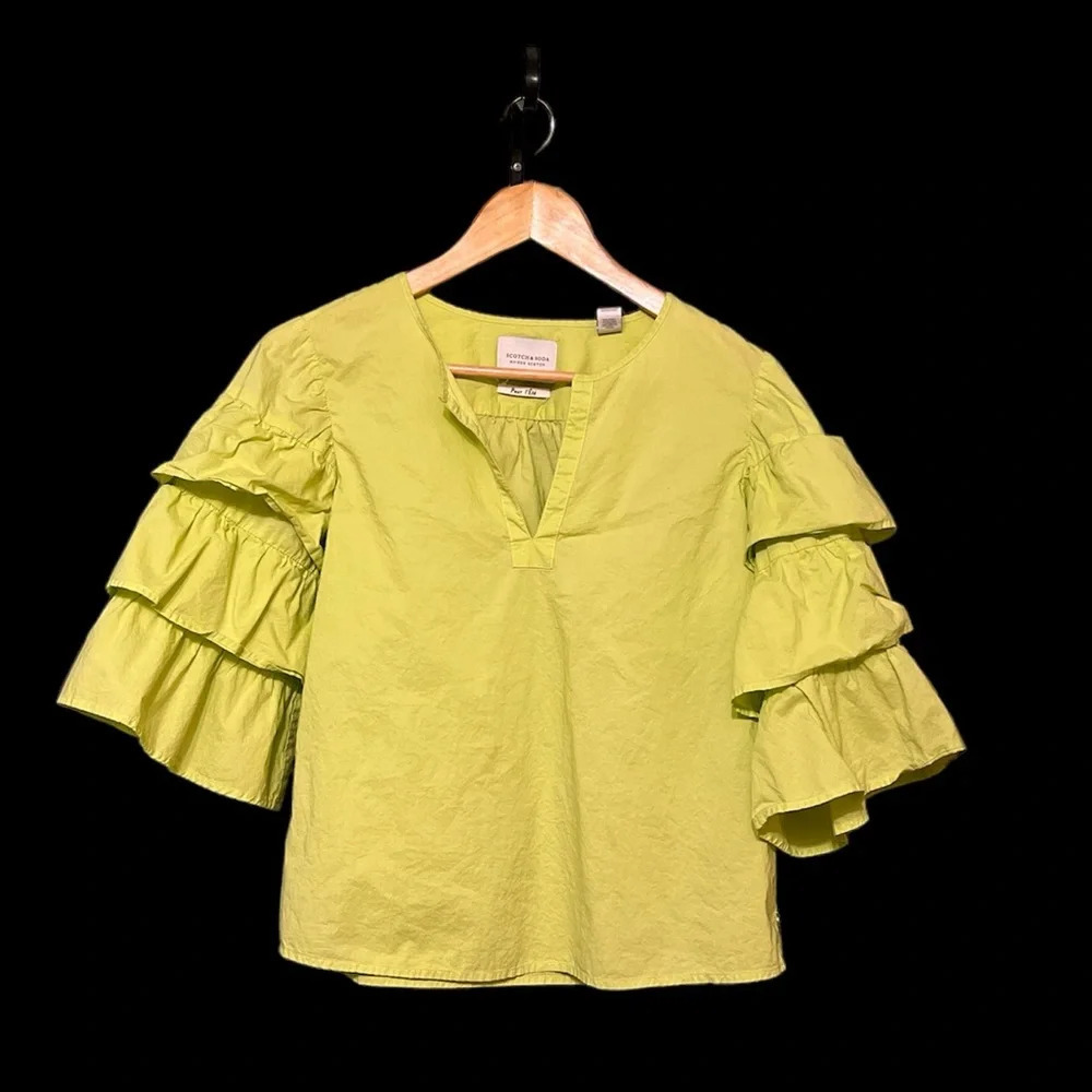 Scotch & Soda Yellow Green Ruffle Sleeve Blouse Cotton XS